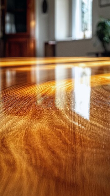 Photo captivating closeup of glossy polished wooden table with subtle grain patterns