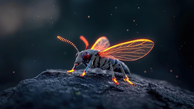 A captivating closeup of an illuminated insect with glowing wings perched on a dark surface showcasing natures beauty