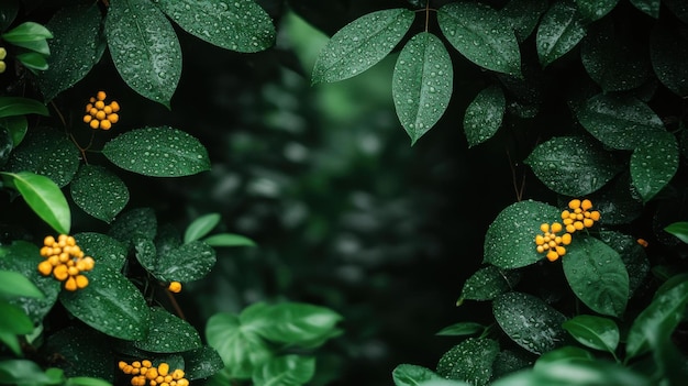 Photo captivating closeup of lush green leaves and yellow berries with raindrops