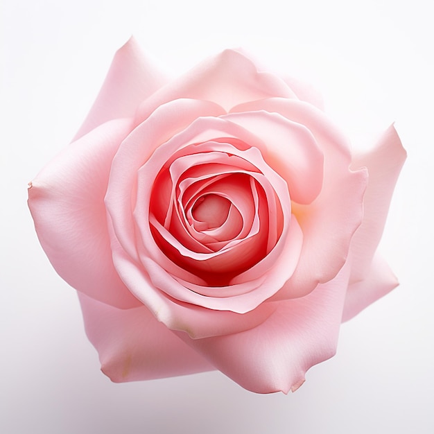 Captivating closeup photograph of a delicate pink rose against a clean white background