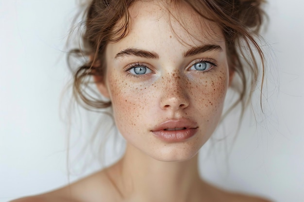 Photo captivating a closeup portrait of an attractive woman with blue eyes and freckles standing against