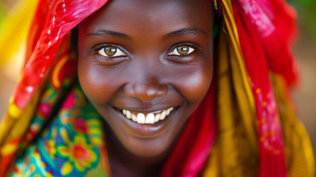 A captivating closeup showcasing the radiant smile and colorful headscarf of a young woman