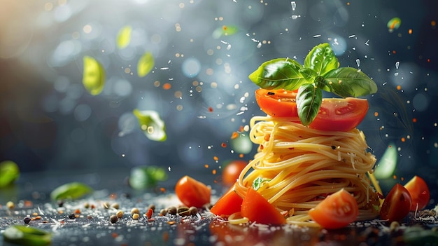 Captivating closeup of spaghetti with fresh tomatoes and basil in dynamic setting