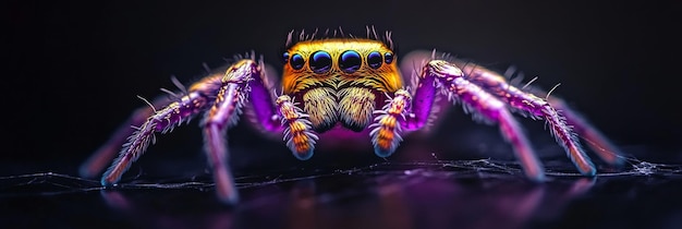 A captivating closeup of a vibrant jumping spider with a purple and gold body showcasing its