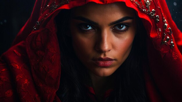 Captivating CloseUp Of Woman In Bejeweled Red Hood Staring Intensely