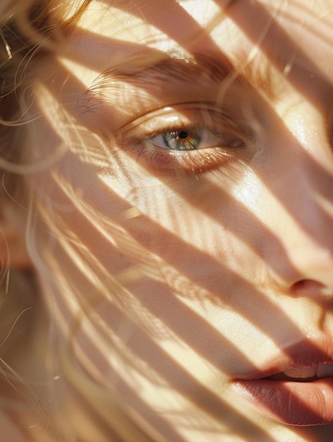 Captivating CloseUp of a Womans Face with Sunlit Shadows and Natural Beauty