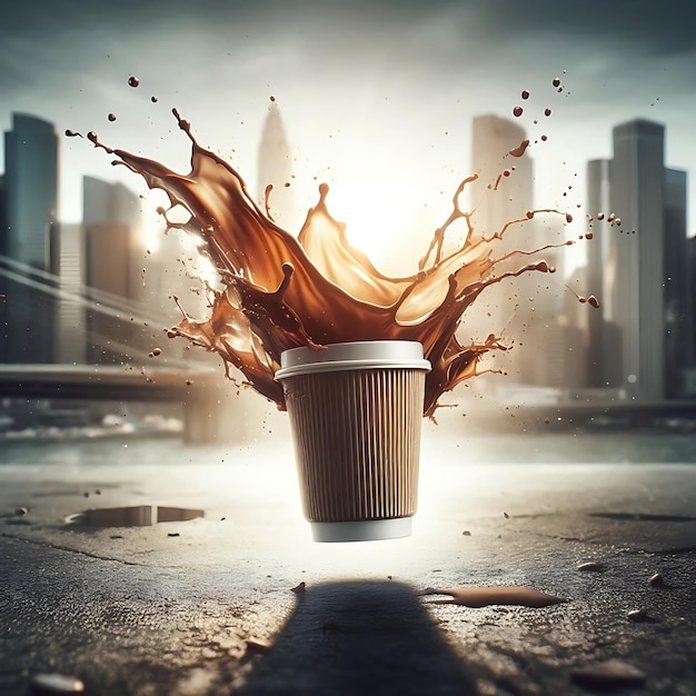 Photo captivating coffee cup splash against a city background