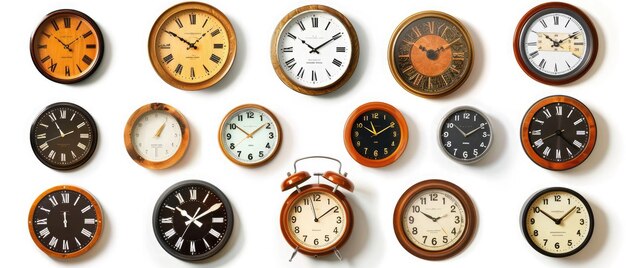 Photo a captivating collection of vintage clocks showcasing diverse designs colors and styles against a bright neutral background