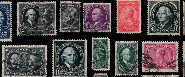 Photo a captivating collection of vintage stamps set against a sleek black background