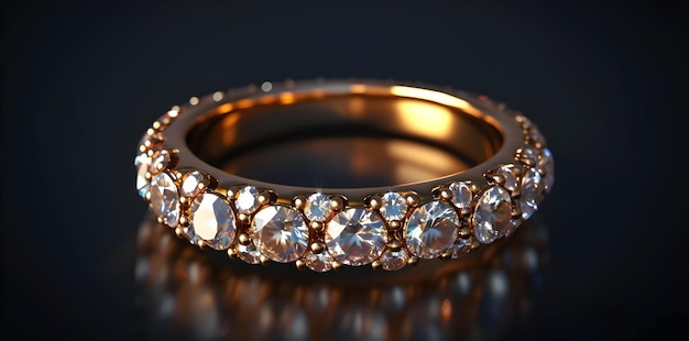 Captivating Contrast Sparkling Diamonds Enhance a Gold Ring on a Black Background