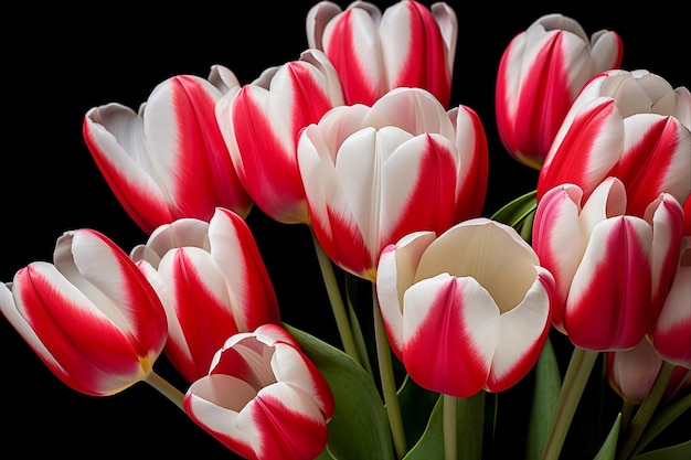 Captivating Contrasts Brilliant RedWhite Tulips Blossom on a Charming Black Canvas AR 32 Photo