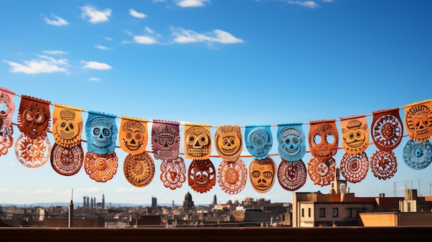 Captivating Contrasts Traditional Day of the Dead Papel Picado Against a Bright Blue Sky