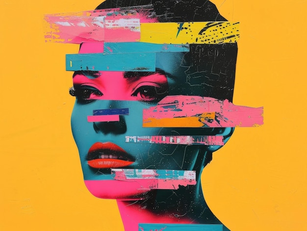 Captivating digital collage portrait featuring a face with vibrant neon colors bold contrasts and an