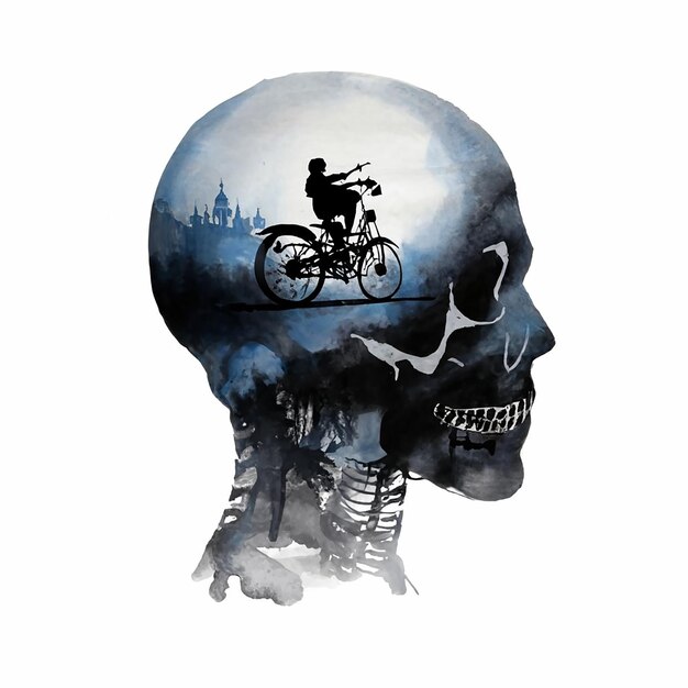 A captivating double exposure of a silhouette of a motorcyclist and a skull Blue tones on white bac