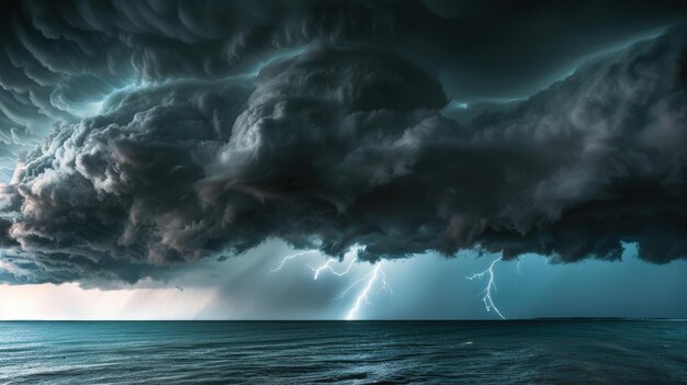 Photo captivating dutch angle shot of stormy seascape with lightning