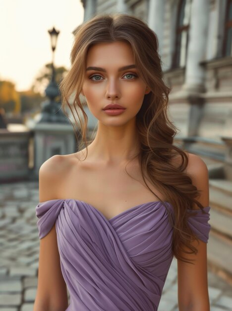 Captivating elegance a beautiful girl strikes poses in gorgeous evening gown embodying grace style and timeless beauty creating a stunning visual narrative for fashion glamour and celebration