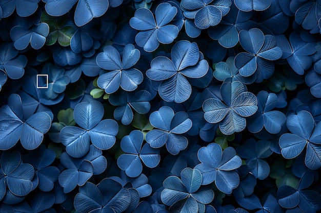 Captivating featuring blue clover leaves on a dark background with a white square frame on the left