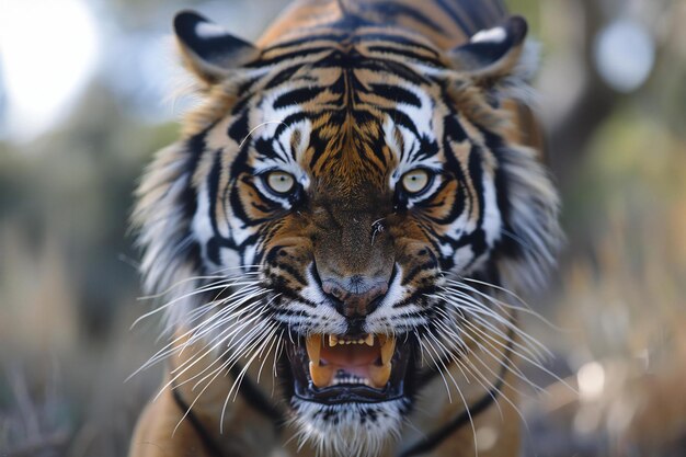 Photo captivating a fierce tiger with piercing eyes and an open mouth ready to pounce on its prey the fo