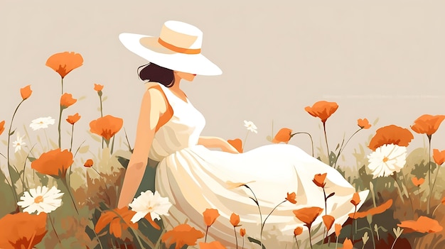 Captivating Floral Still Life Lively Minimalist Illustrations of a Young Girl in 2D