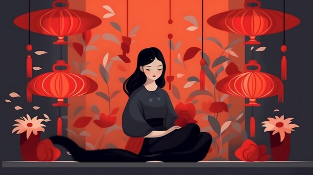 Captivating Floral Still Life Lively Minimalist Illustrations of a Young Girl in 2D