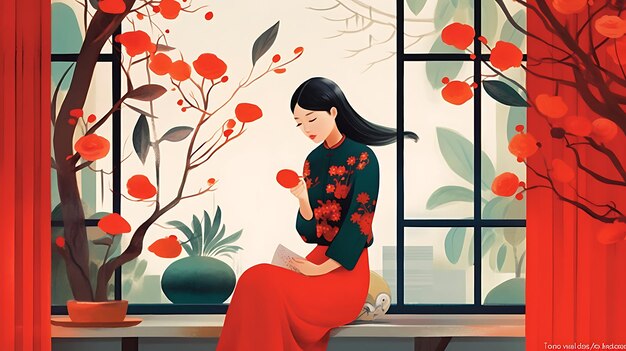 Captivating Floral Still Life Lively Minimalist Illustrations of a Young Girl in 2D