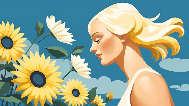 Captivating Floral Still Life Lively Minimalist Illustrations of a Young Girl in 2D