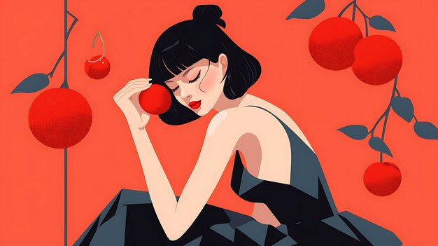 Captivating Floral Still Life Lively Minimalist Illustrations of a Young Girl in 2D