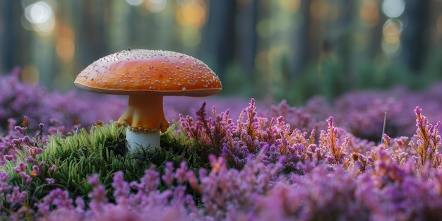 Captivating Forest Scene with Amanita Mushroom Amid Pink Heather