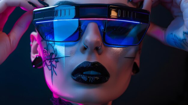 Captivating Futuristic Portrait of an Alluring Female Model in Vivid Neon Lighting and Innovative