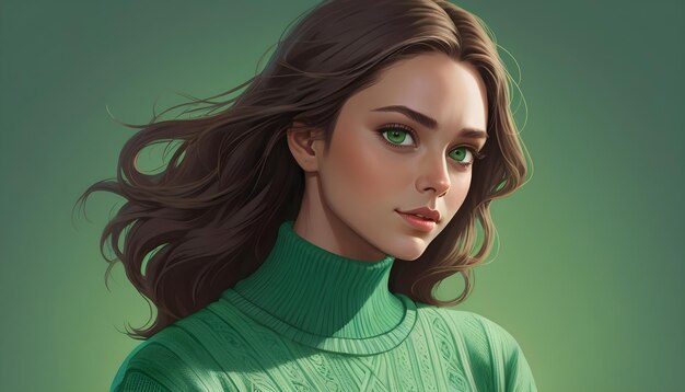 a captivating girl with alluring green eyes wearing a jade green sweater