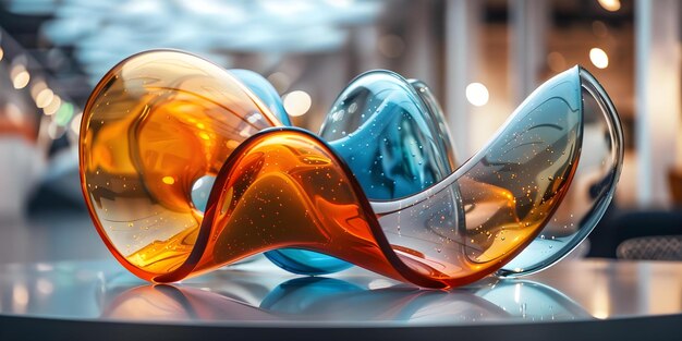 Photo captivating glass sculpture exhibited in contemporary art gallery featuring abstract organic forms in a surreal arrangement concept glass sculptures contemporary art abstract forms