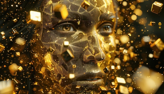 Photo a captivating gold face with floating geometric shapes in a futuristic abstract setting