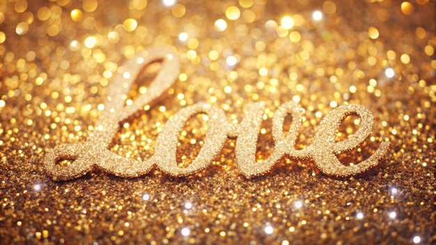 Photo a captivating golden text spelling love adorned with sparkling glitter symbolizes affection wa