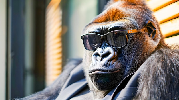 Captivating Gorilla Portrait with the Gorilla Wearing Fashionable Sunglasses and a Suit Conveying an Air of Sophistication and Confidence with Ample Copy Space on a Random Background