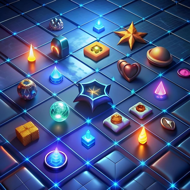 Photo a captivating grid of glowing futuristic objects arranged on a dark blue surface