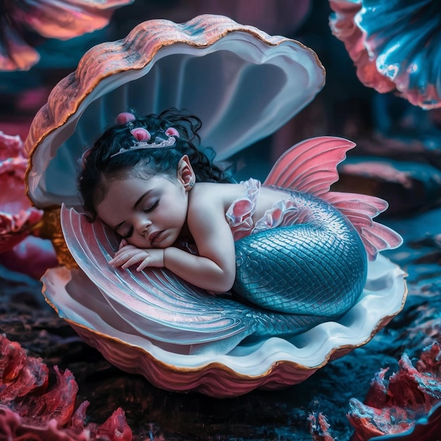 A captivating hyperrealistic image of a oneyearold breathtaking little mermaid asleep inside a cla