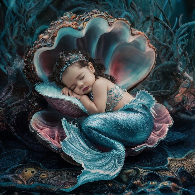 A captivating hyperrealistic image of a oneyearold breathtaking little mermaid asleep inside a cla