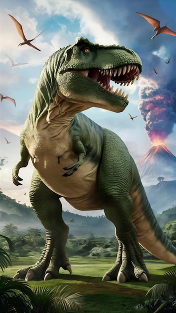 A captivating illustration of a massive green dinosaur reminiscent of the T Rex standing tall and