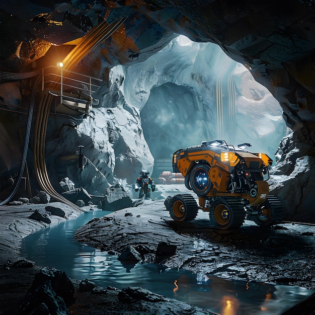 A captivating illustration of a sleek futuristic robot cautiously navigating its way through a cave