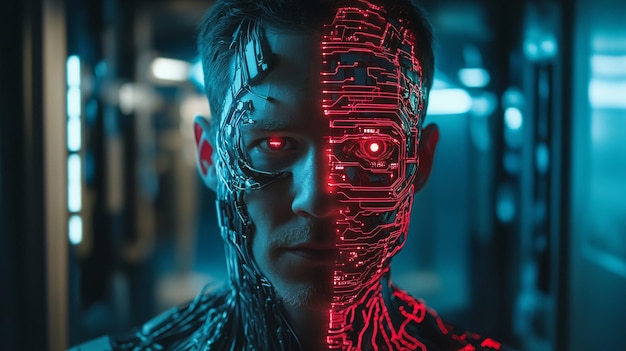 A captivating image of a halfhuman halfrobot entity illustrating a perfect cybernetic fusion between