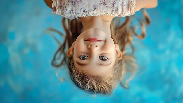 Photo captivating image of a joyful little girl playfully hanging upside down against a blue background id