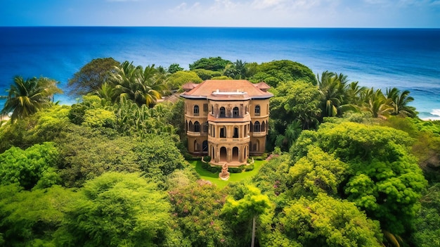 A captivating image of a lavish seaside villa set amidst lush gardens and offering breathtaking ocean views