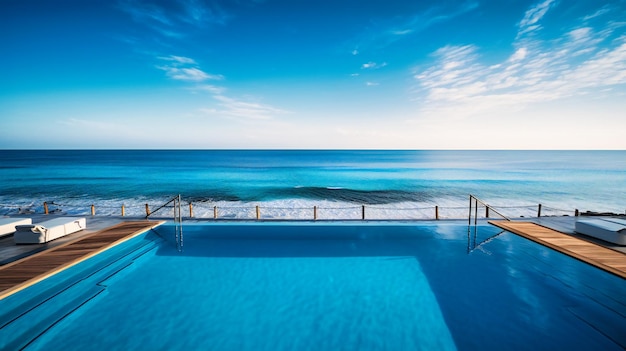 A captivating image of a luxurious boutique hotel39s infinity pool blending harmoniously with the ocean39s edge