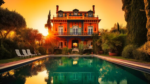 A captivating image of a luxurious summer villa illuminated by a stunning sunset evoking a sense of opulence and tranquility