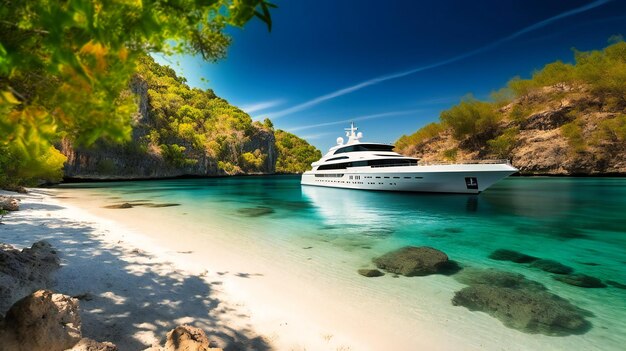 A captivating image of a modern yacht anchored in a secluded cove with crystalclear waters and white sand beaches