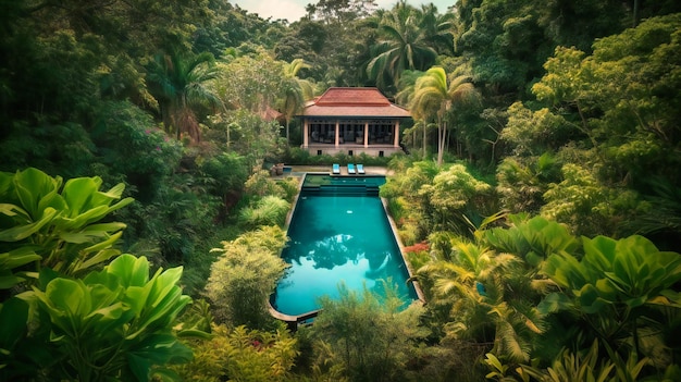 A captivating image of an opulent villa with a dazzling pool nestled amidst lush greenery and vibrant blooms