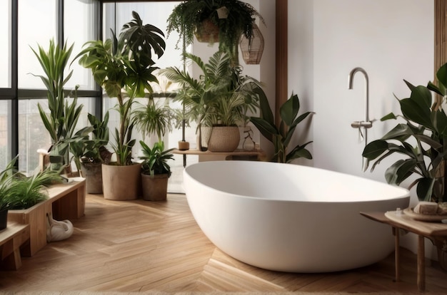 Captivating image showcasing a harmonious blend of white and wooden elements in home garden bathroom