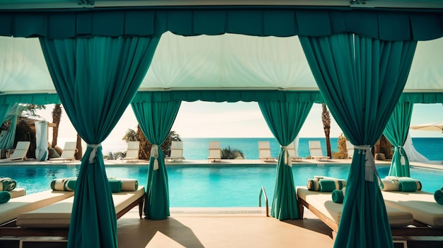 A captivating image showcasing a row of opulent poolside cabanas providing a lavish and serene seaside escape