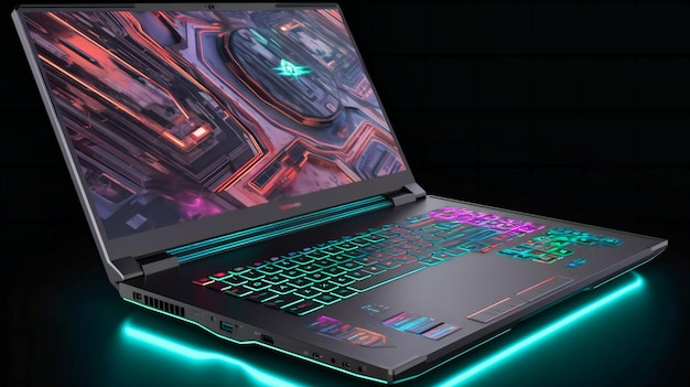 A captivating image of a sleek gaming laptop set against a digital circuit board background with immersive holographic effects