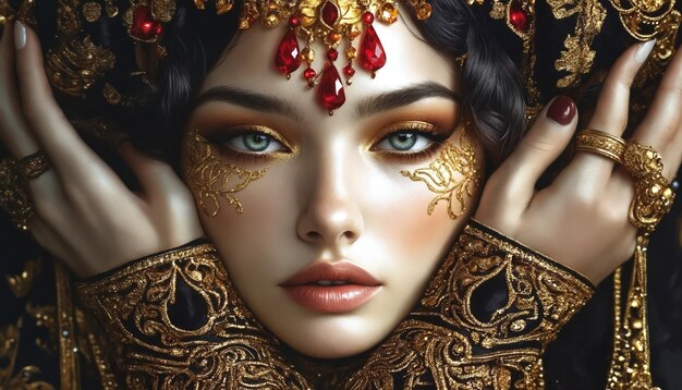 Photo a captivating image of a woman adorned in ornate golden jewelry and makeup exuding an air of mystiqu